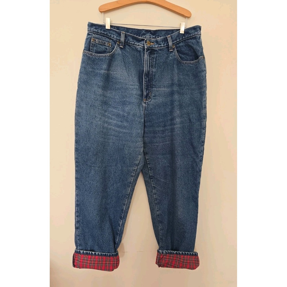 L.L. Bean Flannel Lined Jeans Women Relaxed Fit Red Plaid Denim Size:18T